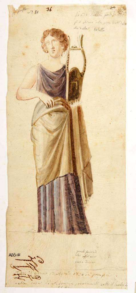 VI.7.18 Pompeii. Painting by Michele Mastracchio, 13th August 1836, female figure with lyre from north end of the zoccolo on the east wall of oecus.
Now in Naples Archaeological Museum. Inventory number ADS 181.
Photo © ICCD. http://www.catalogo.beniculturali.it
Utilizzabili alle condizioni della licenza Attribuzione - Non commerciale - Condividi allo stesso modo 2.5 Italia (CC BY-NC-SA 2.5 IT)
