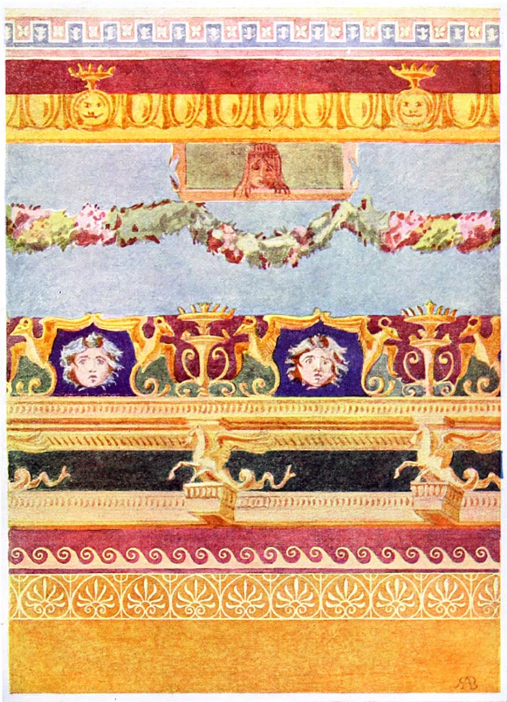 VI.7.18 Pompeii. Detail from upper wall of second oecus. 
According to Briggs –
“The top enrichment is modelled in stucco and projects about 1 ½ inches from the wall, next to the ceiling.
The height of the decoration from the red band to the ceiling, is 1 foot 6 inches, and the ceiling is 8 feet 3 inches from the floor.
The heads of Medusa are painted with great care, as indeed is the whole of the Decoration.” 
See Briggs, R. A., 1911. Pompeian Decoration. London: Batsford.