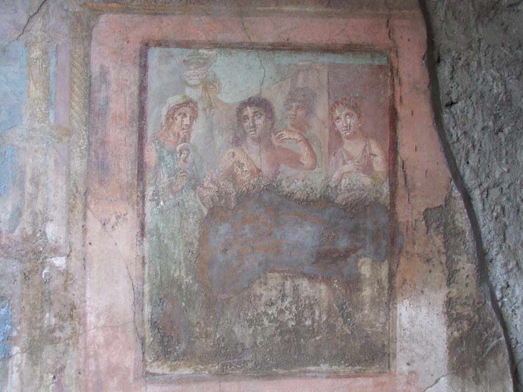 VI.7.18 Pompeii. December 2006. East wall of oecus to south of peristyle.  
Wall painting of “La toletta del Ermafrodito” or “The toilet of Hermaphrodite”.