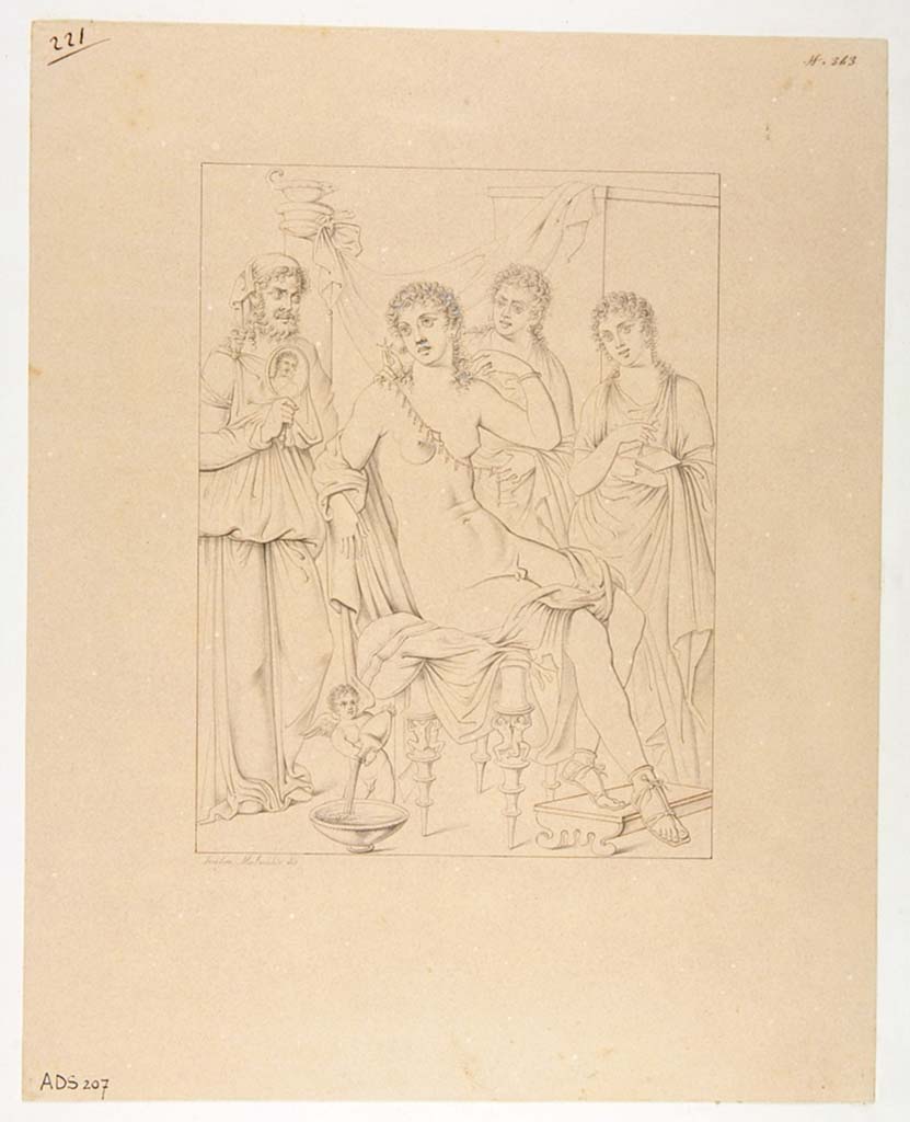 VI.7.18 Pompeii. Pen and ink drawing by Serafino Mastracchio of central wall painting from east wall of oecus.
According to Disegnatori when the painting was discovered on 22nd August 1836, it was left in situ, and is now only in a moderate state of preservation.
Now in Naples Archaeological Museum. Inventory number ADS 207.
Photo © ICCD. http://www.catalogo.beniculturali.it
Utilizzabili alle condizioni della licenza Attribuzione - Non commerciale - Condividi allo stesso modo 2.5 Italia (CC BY-NC-SA 2.5 IT)
See Carratelli, G. P., 2003. Pompei: La documentazione nell'Opera di disegnatori e pittori dei secoli XVIII e XIX. Roma: Istituto della enciclopedia italiana, p. 833.
