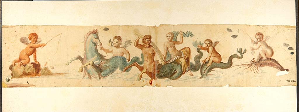 VI.7.18 Pompeii. Painting made by an anonymous painter on 17th August 1828 showing detail from predella of the central part of the east wall.
Now in Naples Archaeological Museum. Inventory number ADS 208.
According to the ICCD scheda: The painting is made on two sheets of glued tissue paper. 
The tissue paper is currently mounted upside down on the backing cardboard. Consequently we have reversed the photo here.
Photo © ICCD. https://www.catalogo.beniculturali.it
Utilizzabili alle condizioni della licenza Attribuzione - Non commerciale - Condividi allo stesso modo 2.5 Italia (CC BY-NC-SA 2.5 IT)