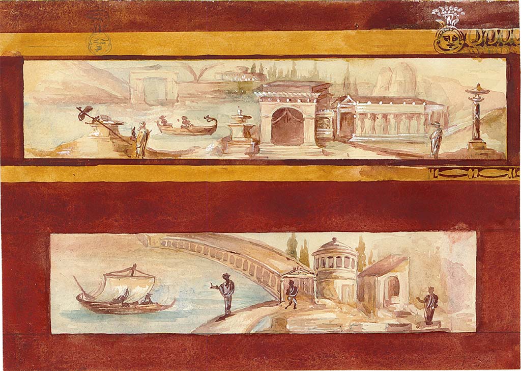 VI.7.18 Pompeii. Drawing of two landscapes from the top of the south wall, see W60 below.
DAIR 83.68. Photo © Deutsches Archäologisches Institut, Abteilung Rom, Arkiv.