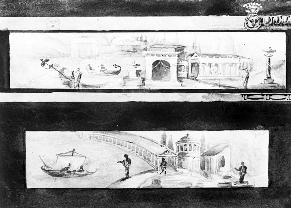 VI.718 Pompeii. W60. Drawing of two landscapes from the top of the south wall.
The top one is from the west end of the south wall of oecus to south of peristyle.
The lower one is from the east end of the south wall of oecus to south of peristyle.
Photo by Tatiana Warscher. Photo © Deutsches Archäologisches Institut, Abteilung Rom, Arkiv.