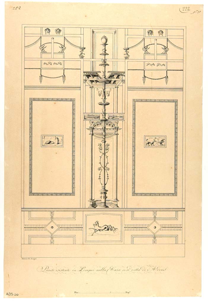 VI.7.18 Pompeii. Pen and ink drawing by Antonio Ala, not dated, showing the short north wall on the east end of the portico. 
The panel at the west end (on left) seems to show two loaves of bread and a jug, the panel on the east end (right) appears to show a dog.
Now in Naples Archaeological Museum. Inventory number ADS 210.
Photo © ICCD. http://www.catalogo.beniculturali.it
Utilizzabili alle condizioni della licenza Attribuzione - Non commerciale - Condividi allo stesso modo 2.5 Italia (CC BY-NC-SA 2.5 IT)