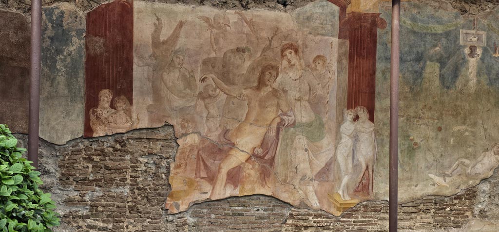 VI.7.18 Pompeii. December 2023. 
Large wall painting of Adonis ferito and Aphrodite on north wall in peristyle. Photo courtesy of Miriam Colomer.