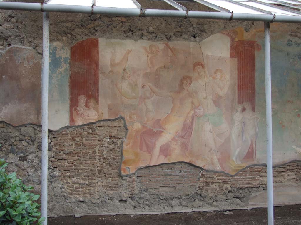 VI.7.18 Pompeii. December 2006. Large wall painting of Adonis ferito and Aphrodite in peristyle.  
In front of the left column are Chiron and Achilles with a lyre.
In front of the right column are Marsyas and Olympus with a lyre.