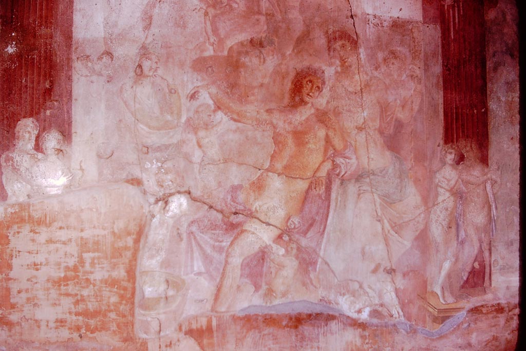 VI.7.18 Pompeii. 1974. Large wall painting of Adonis ferito and Aphrodite in peristyle. Photo by Stanley A. Jashemski.   
Source: The Wilhelmina and Stanley A. Jashemski archive in the University of Maryland Library, Special Collections (See collection page) and made available under the Creative Commons Attribution-Non Commercial License v.4. See Licence and use details.
J74f0150