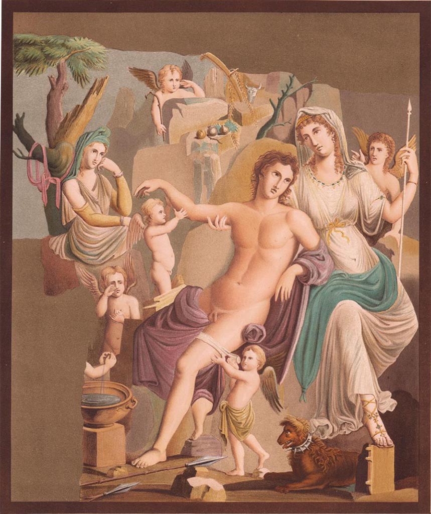 VI.7.18 Pompeii. Reproduction painting by Raoul-Rochette of central painting on rear north wall of peristyle.
According to Raoul-Rochette –
“the painting was discovered in October 1835, and I saw it in 1838, almost complete in its state of integrity in which it had come down to us, but which had already lost much, in the interval of six years, when I saw it again in October 1844”.
See Raoul-Rochette, M. Choix de Peintures de Pompei 1846. (pl. 9 and p.110-134).