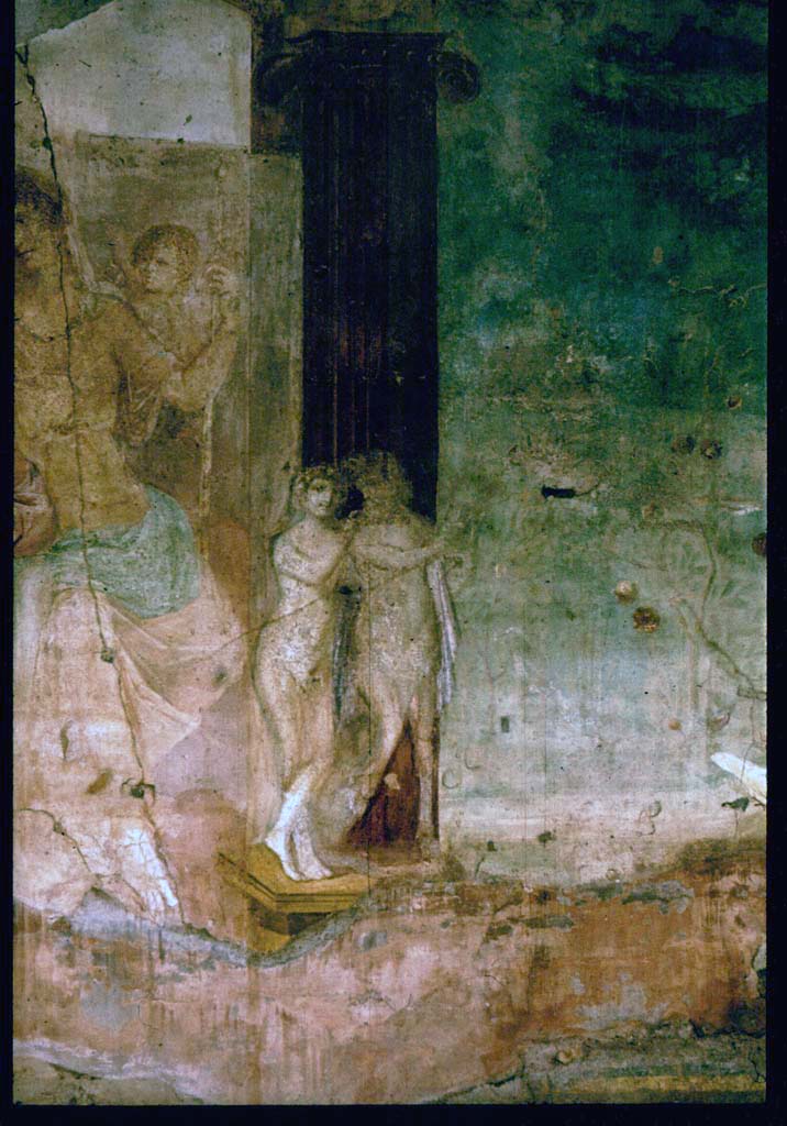 VI.7.18 Pompeii. In front of the column are Marsyas and Olympus with a lyre.
Photographed 1970-79 by Günther Einhorn, picture courtesy of his son Ralf Einhorn.