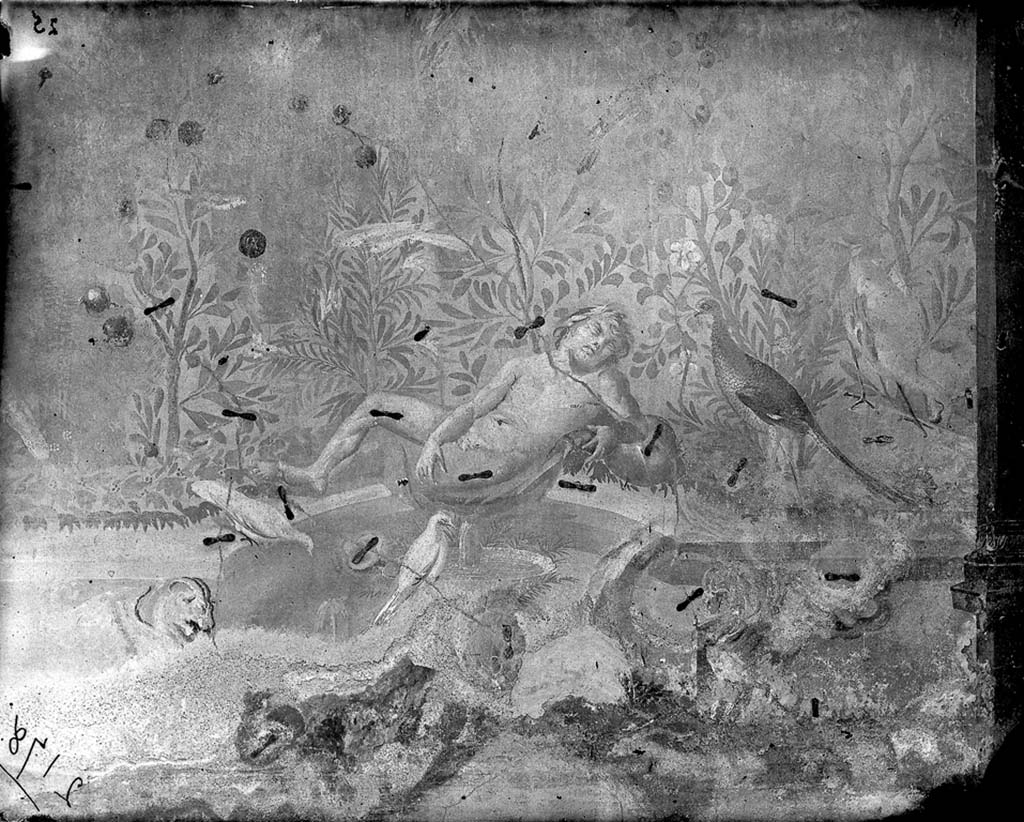 VI.7.18 Pompeii. c.1871. Sleeping Eros ?. c.1871. Painting on north wall of peristyle. 
Photo by J. H. Parker, © American Academy in Rome. Parker.2178.Italia.