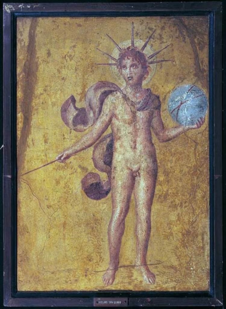 VI.7.20 Pompeii. Found on 17th Feb 1830. Left wall of atrium (2).
Wall painting of Apollo with halo and corona.  
He is wearing a cloak and holds a globe and a whip.
See Pagano, M. and Prisciandaro, R., 2006. Studio sulle provenienze degli oggetti rinvenuti negli scavi borbonici del regno di Napoli. Naples : Nicola Longobardi.  (p.143).
Now in Naples Archaeological Museum. Inventory number 8819.
