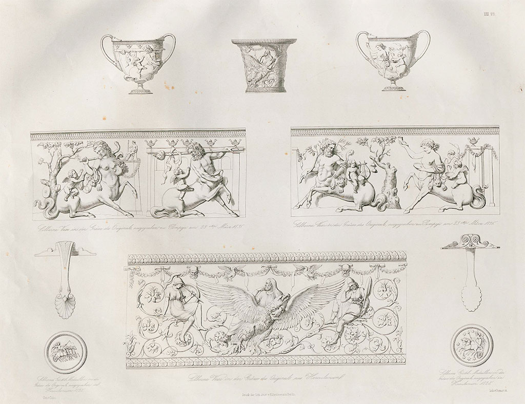 VI.7.20 Pompeii. Pre January 1851. 
Drawing by Zahn of silverware, top row on either end, two silver vases/canthari from Pompeii, decorated with cupids and centaurs.
These were found at Pompeii on 23rd March 1835 and were discovered with 40 others in a wooden chest in a house in Via Mercurio, facing the house of Castor and Pollux. The central vase with centaurs was from Herculaneum.
The row in the centre shows details of the two from Pompeii. The lower row shows details of the one from Herculaneum. 
Now in Naples Museum. 
See Zahn, W., 1852-59. Die schönsten Ornamente und merkwürdigsten Gemälde aus Pompeji, Herkulanum und Stabiae: III. Berlin: Reimer, Taf.28.