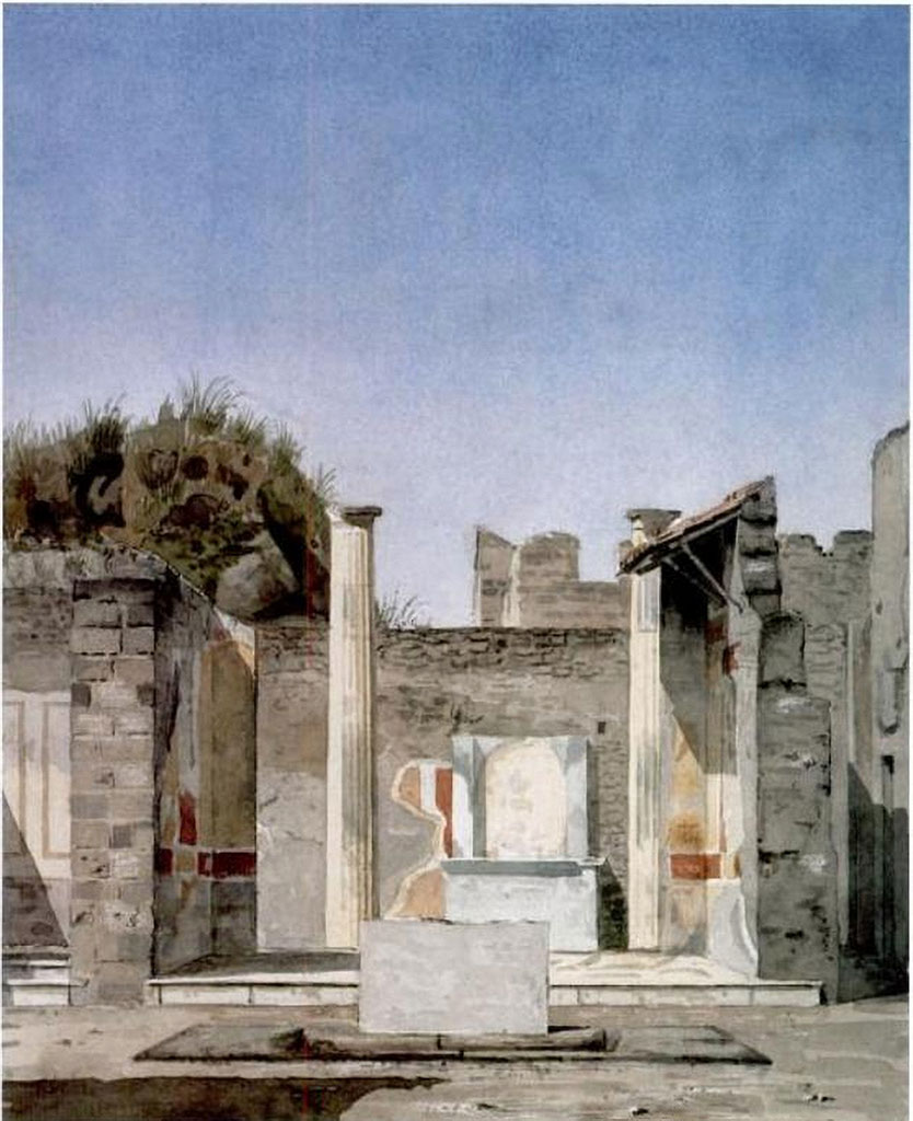 VI.7.20 Pompeii. 1869. Painting by Harald Drewsen looking west across impluvium in atrium, tablinum and pseudo-peristyle.
See Italien, Pompeji, rejseopm. 1869. Harald Drewsen 1836-1878, © Danmarks Kunstbibliotek, inventory number 17490.
See Danmarks Kunstbibliotek - Italien Pompeji rejseopm
See Gierow, M. Staub, Pompejanische Kopien aus Danemark, (SAP book no.24), (cat 26, p.47-8).
