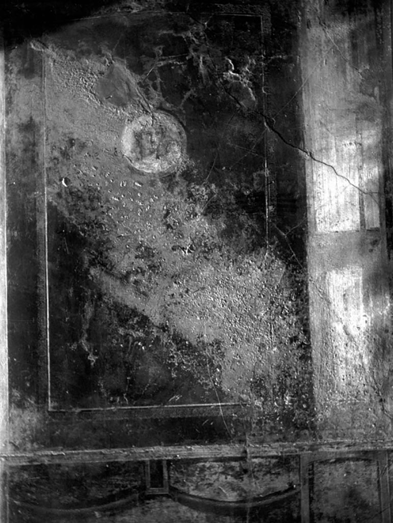 VI.7.23 Pompeii. W.1165. Remains of panel with medallion, from east end of south wall of tablinum.
Photo by Tatiana Warscher. Photo © Deutsches Archäologisches Institut, Abteilung Rom, Arkiv.