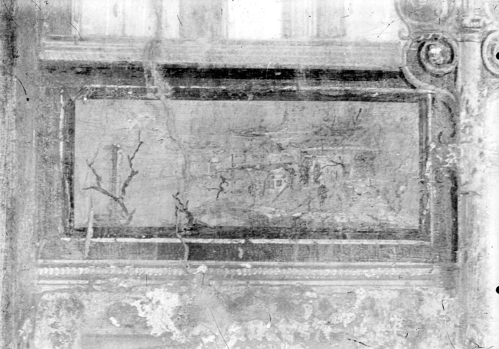 VI.7.23 Pompeii. W.1334. Panel with landscape, from upper east central part of south wall of tablinum.
Photo by Tatiana Warscher. Photo © Deutsches Archäologisches Institut, Abteilung Rom, Arkiv.