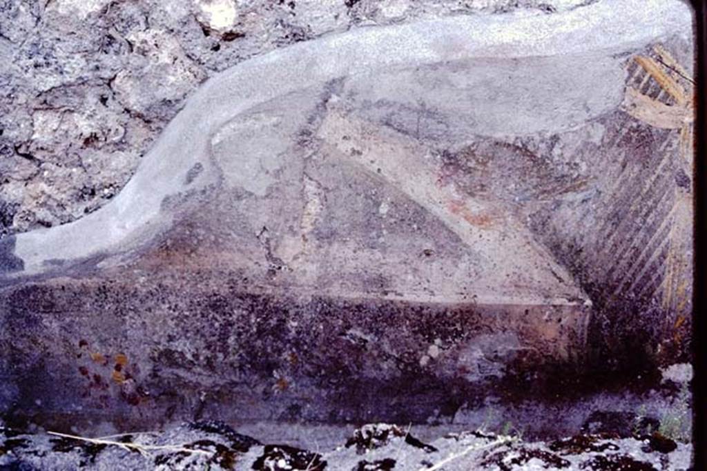 VI.7.23 Pompeii, 1983. Detail from above photo, with the remains of flower garland and painted trellis.   
Source: The Wilhelmina and Stanley A. Jashemski archive in the University of Maryland Library, Special Collections (See collection page) and made available under the Creative Commons Attribution-Non Commercial License v.4. See Licence and use details. J80f0548