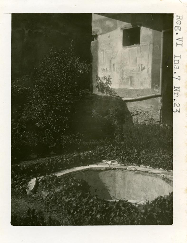 VI.7.23 Pompeii. Pre-1937-39. Looking west across pool in garden area. 
Photo courtesy of American Academy in Rome, Photographic Archive. Warsher collection no. 1403.