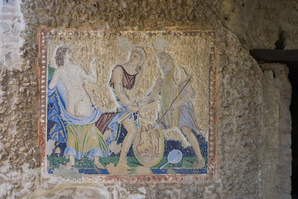VI.7.23 Pompeii. October 2023. 
Mosaic of Achilles recognised by Odysseus at Skyros, from exterior east wall of bedroom. Photo courtesy of Johannes Eber.