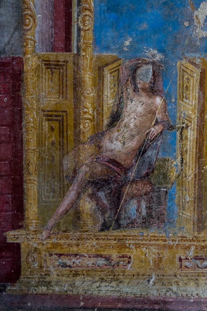 VI.7.23 Pompeii. October 2023. 
Cubiculum. South alcove, south wall, detail of Apollo seated. Photo courtesy of Johannes Eber.