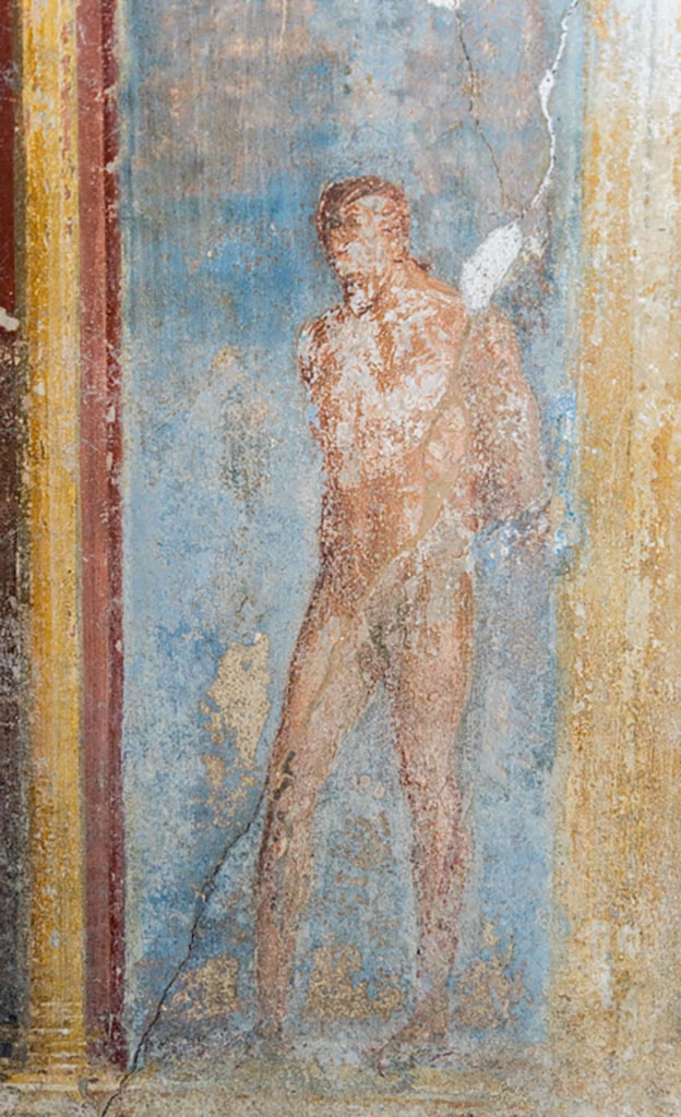 VI.7.23 Pompeii. October 2023. 
Cubiculum. Detail from south alcove, west wall, Marsyas. Photo courtesy of Johannes Eber.