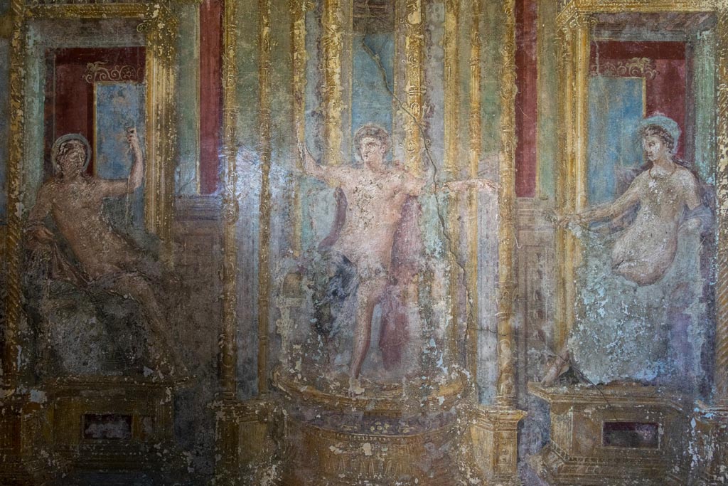 VI.7.23 Pompeii. October 2023. 
Detail from west alcove, west wall of the cubiculum duplex in the viridarium. Photo courtesy of Johannes Eber.