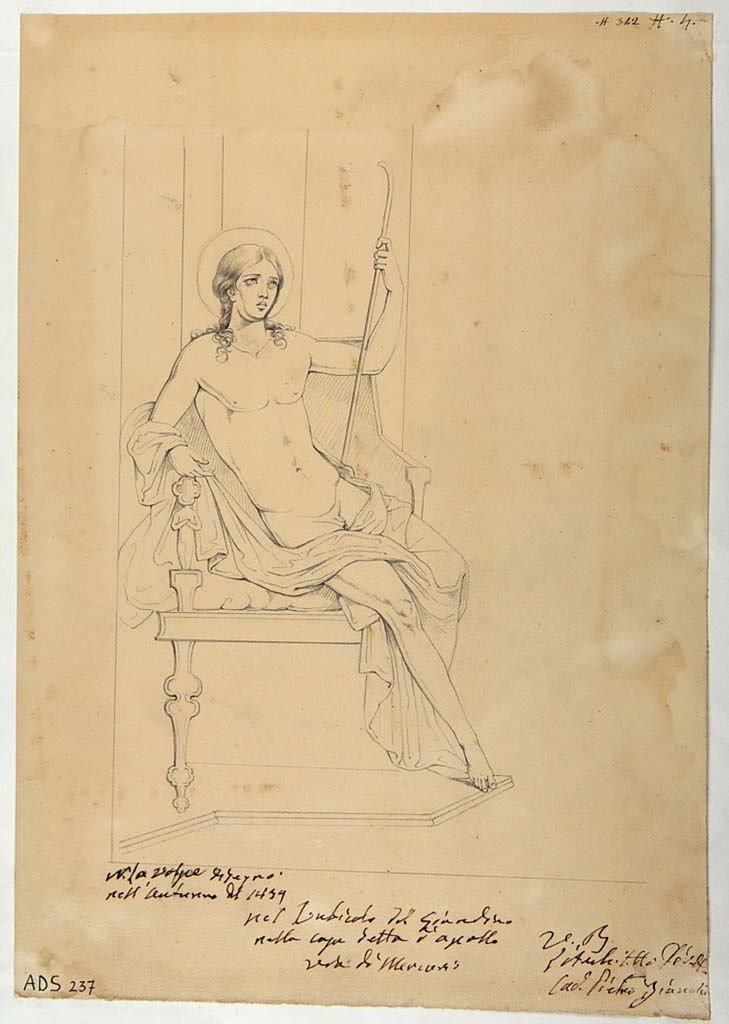 VI.7.23 Pompeii. Pen and ink drawing by N. La Volpe detail of seated figure from west wall of cubiculum. 
Now in Naples Archaeological Museum. Inventory number ADS 237.
Photo © ICCD. http://www.catalogo.beniculturali.it
Utilizzabili alle condizioni della licenza Attribuzione - Non commerciale - Condividi allo stesso modo 2.5 Italia (CC BY-NC-SA 2.5 IT)