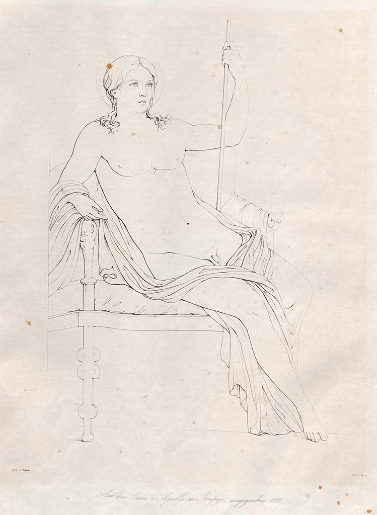 VI.7.23 Pompeii. Drawing by Zahn of a seated figure on west wall of cubiculum.
See Zahn, W., 1842-44. Die schönsten Ornamente und merkwürdigsten Gemälde aus Pompeji, Herkulanum und Stabiae: II. Berlin: Reimer, taf. 40.