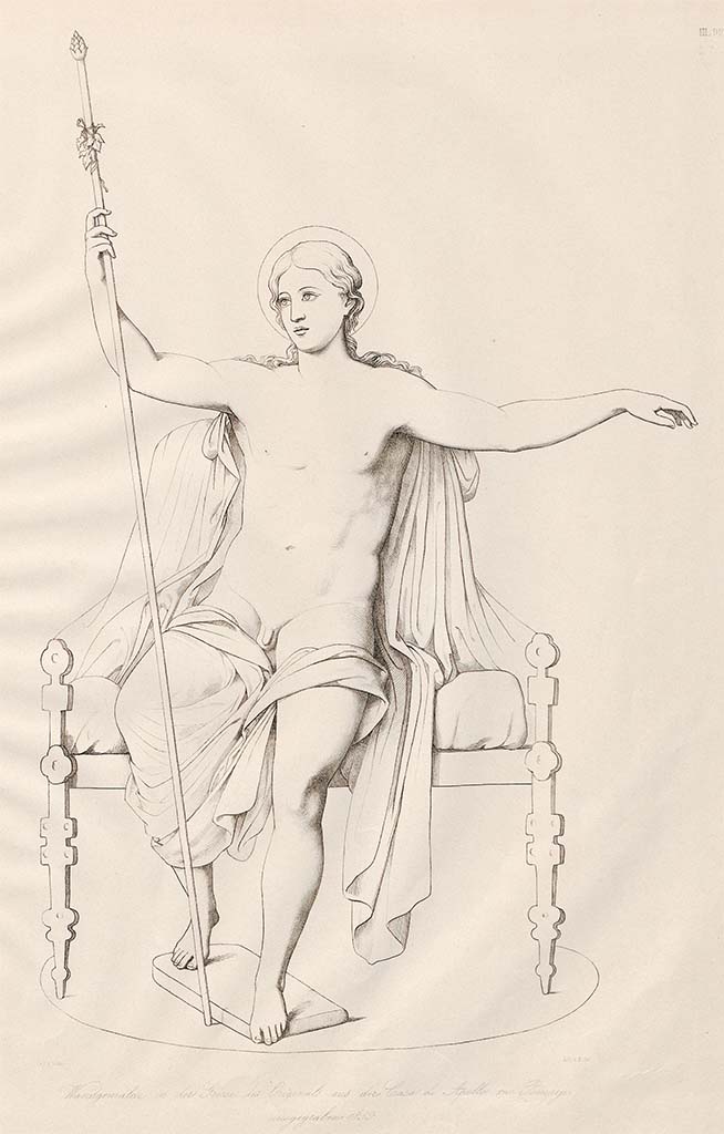 VI.7.23 Pompeii. Pre-September 1859 drawing by Zahn. 
According to Zahn this was of Bacchus on throne.
See Zahn, W., 1852-59. Die schönsten Ornamente und merkwürdigsten Gemälde aus Pompeji, Herkulanum und Stabiae: III. Berlin: Reimer, taf. 92.