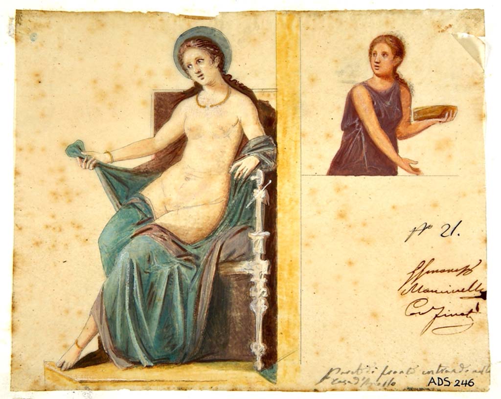 VI.7.23 Pompeii. Watercolour by M. Mastracchio, detail from west wall of cubiculum showing seated figure of Aphrodite together with figure on her right. 
Now in Naples Archaeological Museum. Inventory number ADS 246.
Photo © ICCD. http://www.catalogo.beniculturali.it
Utilizzabili alle condizioni della licenza Attribuzione - Non commerciale - Condividi allo stesso modo 2.5 Italia (CC BY-NC-SA 2.5 IT)