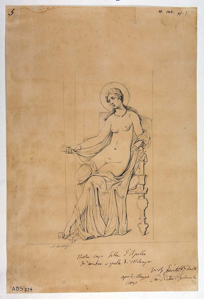 VI.7.23 Pompeii. Pen and ink drawing by N. La Volpe, showing seated figure of Aphrodite. 
Now in Naples Archaeological Museum. Inventory number ADS 224.
Photo © ICCD. http://www.catalogo.beniculturali.it
Utilizzabili alle condizioni della licenza Attribuzione - Non commerciale - Condividi allo stesso modo 2.5 Italia (CC BY-NC-SA 2.5 IT)
