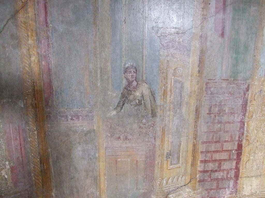 VI.7.23 Pompeii. December 2006. Cubiculum. North wall. Female figure on a balcony.
See Caso L., in Rivista di Studi Pompeiani III, 1989, p. 112.