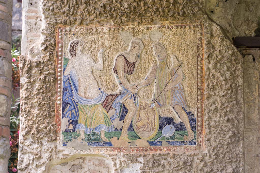 VI.7.23 Pompeii. July 2021. 
Mosaic of Achilles recognised by Odysseus at Skyros, from exterior east wall of bedroom. Photo courtesy of Johannes Eber.
