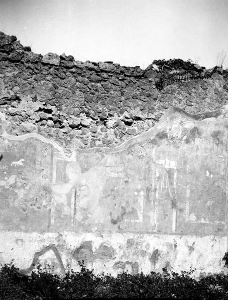 231497 Bestand-D-DAI-ROM-W.635.jpg
6.9.1 Pompeii. W635. Room 11, looking towards north wall with remains of wall decs.
Photo by Tatiana Warscher. With kind permission of DAI Rome, whose copyright it remains. 
See http://arachne.uni-koeln.de/item/marbilderbestand/231497 
According to Warscher, it was possible to measure exactly the divisions on the north wall. 
1) side panel – 1,15;   2) architectural motive – 0,14;
3) central panel – 1,00;   4) architectural motive – 0,13;
5) side panel – 1,16.
On each side panel a panther was represented; on the central panel were two beasts but could not be indentified. The traces on the west and east wall showed that these were painted in the same manner as the north wall, but since these walls were longer the panels were proportionately wider or there were five panels. The measure showed that the central panel was 1,25m. This was a convenient place for a picture of 0.95 wide. I have minutely examined the border of the same painting, there are traces of yellow colour. We have therefore an indication that the painting had been taken from a yellow background. Bonucci called the house ‘House of Iside and Io”. This was a decisive argument, as Bonucci worked at Pompeii at the time of the excavation of the house in question. Moreover, it was possible that the painting may have been from another room in this house. The painting of Io was a long way from being one of the best paintings from Pompeii, but without doubt it was the best painting in the “Gabinianum”. Nothing prevents us from believing that in this room were the sacred banquets and the presence of the painting of Io in an unassuming tavern was a proof that the cult of Isis was widespread among the lower classes of Pompeii. It was not possible however to say definitely if the painting of Io was on the west wall or the east.  Right in the centre of the west wall there is a hole, part of which goes all the way to the other side – to the east side of the ala.  See the photographs.
See Warscher, T, 1938: Codex Topographicus Pompejanus, Regio VI, insula 9: Pars prima, (no.17, 17a), DAIR, Rome.