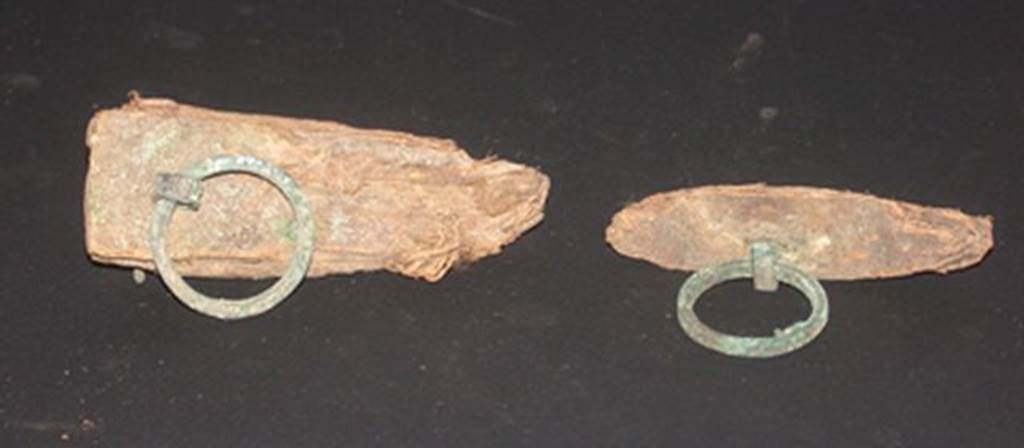 VI.9.1 Remains of wooden furniture with two bronze rings. View 1. OA 2027-2028 Eléments de mobilier : anneaux, musée Condé, photo RMN © R.G. Ojeda