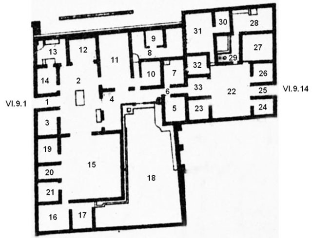 VI.9.1/14 Pompeii. Casa del Duca di Aumale or Casa d’Iside ed Io 
or Hospitium Gabinianus or of Gabinius.
Combined Room Plan