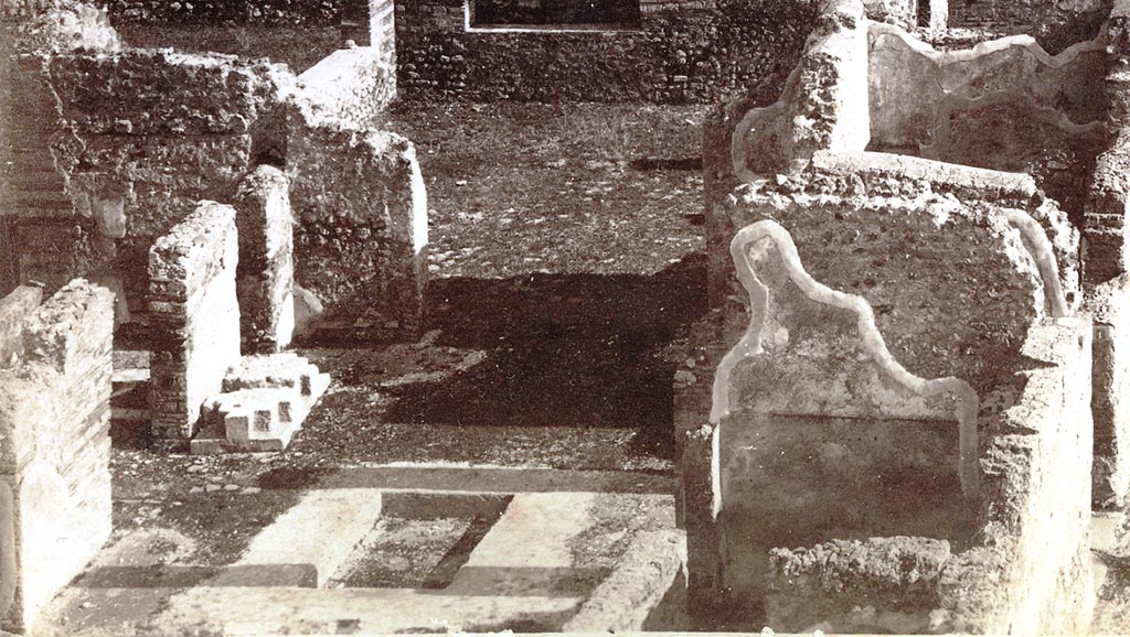 VI.9.1 Pompeii. Detail from 19th century Sommer photo 1200.
Looking south across impluvium in atrium with base of money chest against east wall of atrium. Photo courtesy of Espen B. Andersson.