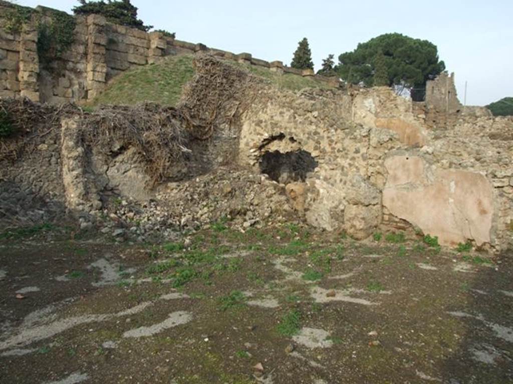VI.9.1 Pompeii. December 2007. Looking towards north side of atrium. On the left would have been room 13, in the centre would have been room 12, an oecus. On the right are the painted remains on the east wall of the atrium.