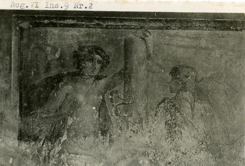 VI.9.2 Pompeii. Pre-1937-39. Room 24, remains of wall painting from centre of south wall.
Photo courtesy of American Academy in Rome, Photographic Archive.  Warsher collection no. 1073.