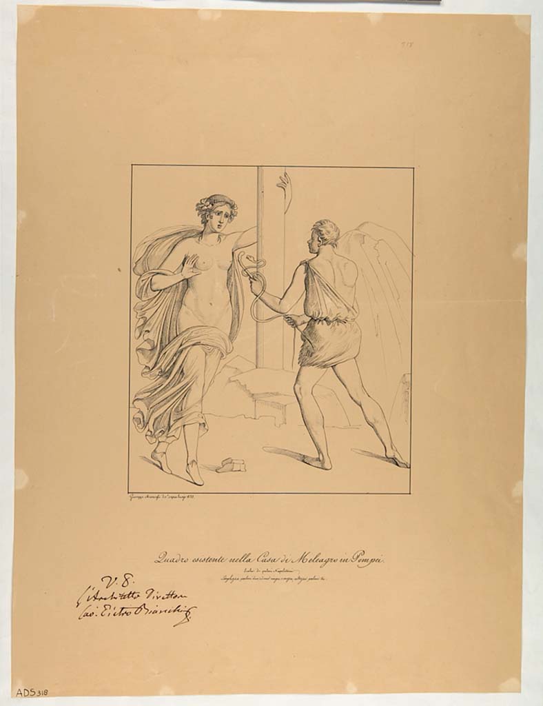 VI.9.2 Pompeii. Drawing by Giuseppe Marsigli, 1835, showing Maenad and Satyr from south wall. 
Now in Naples Archaeological Museum. Inventory number ADS 318.
Photo © ICCD. http://www.catalogo.beniculturali.it
Utilizzabili alle condizioni della licenza Attribuzione - Non commerciale - Condividi allo stesso modo 2.5 Italia (CC BY-NC-SA 2.5 IT)