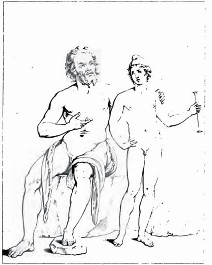 VI.9.2 Pompeii. Room 26, drawing of wall painting of Marsyas and Olympus from centre of east wall. See Overbeck J., 1884. Pompeji in seinen Gebäuden, Alterthümen und Kunstwerken. Leipzig: Engelmann.  (312). See Helbig, W., 1868. Wandgemälde der vom Vesuv verschütteten Städte Campaniens. Leipzig: Breitkopf und Härtel. (227).
See Real Museo Borbonico X, 1834, Tav IV.