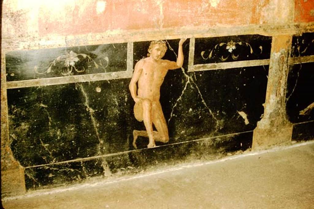VI.9.2 Pompeii. 1957. Decorated wall in room 26, centre of lower panel on east wall.   
Photo by Stanley A. Jashemski.
Source: The Wilhelmina and Stanley A. Jashemski archive in the University of Maryland Library, Special Collections (See collection page) and made available under the Creative Commons Attribution-Non Commercial License v.4. See Licence and use details. 
J57f0185