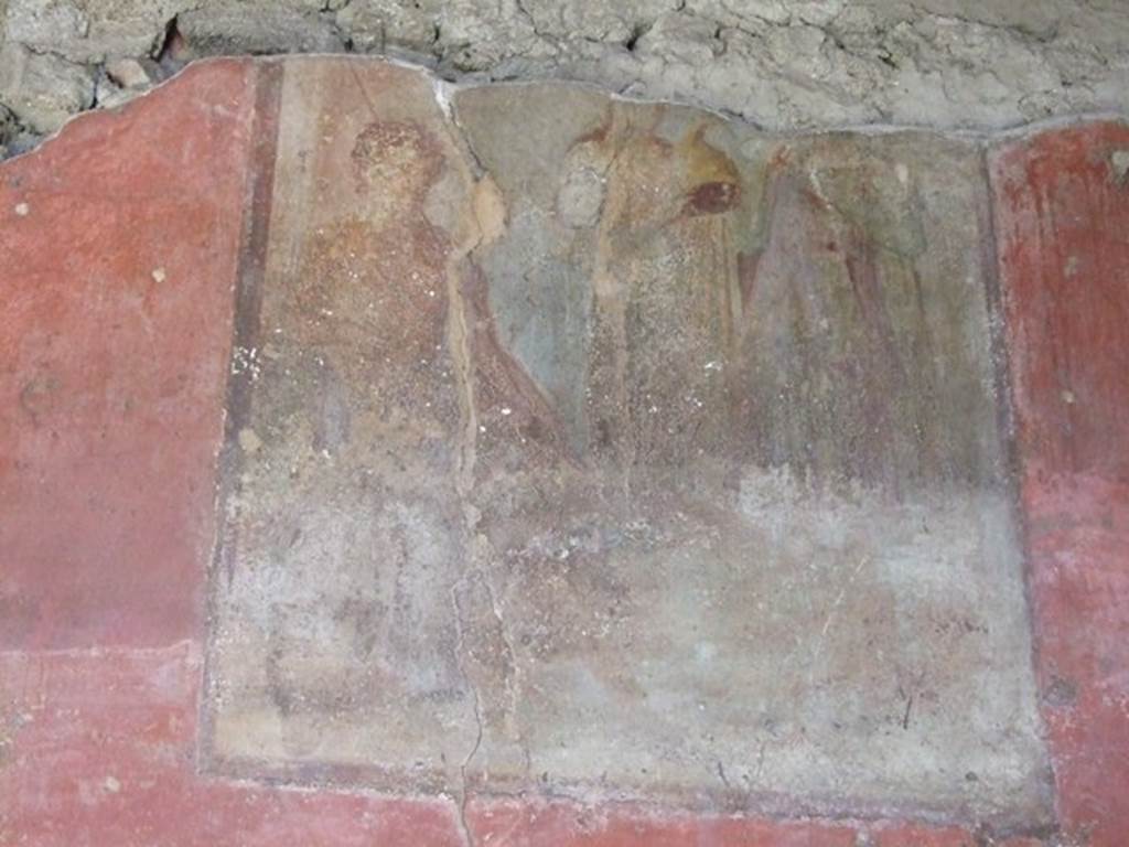 VI.9.2 Pompeii.   December 2007.  Room 27.  West wall.  Fresco of Paris preparing himself?  Fresco of Hector and Paris?  Helbig identifies in the 4th room behind peristyle: Paris preparing himself, 1313.    See Helbig, W., 1868. Wandgemälde der vom Vesuv verschütteten Städte Campaniens. Leipzig: Breitkopf und Härtel. (1313).  Schefold suggests this may be Hector and Paris.  See Schefold, K., 1962. Vergessenes Pompeji. Bern: Francke. (T. 170,1).