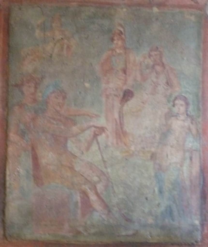 VI.9.2 Pompeii.   December 2007.  Room 27.  North wall. Fresco of the Judgement of Paris?  Helbig identifies in the 4th room behind peristyle: Judgement of Paris, 1285, Paris preparing himself, 1313.   See Helbig, W., 1868. Wandgemälde der vom Vesuv verschütteten Städte Campaniens. Leipzig: Breitkopf und Härtel. (1285).