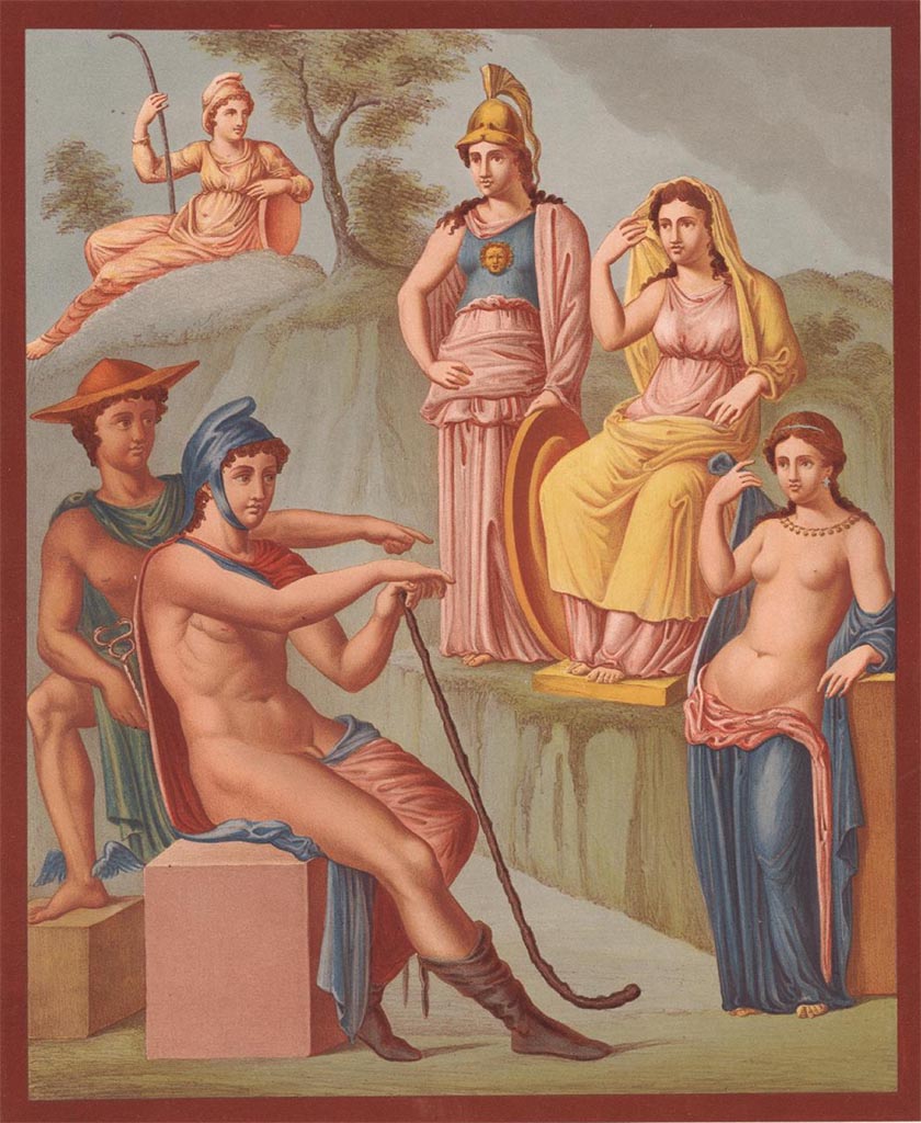 VI.9.2 Pompeii. Pre-1846. 
Reproduction painting of Judgement of Paris, by Raoul-Rochette, from the centre of the north wall of the triclinium.
See Raoul-Rochette, M. Choix de Peintures de Pompei 1846, (pl. 11, and p.154-167).