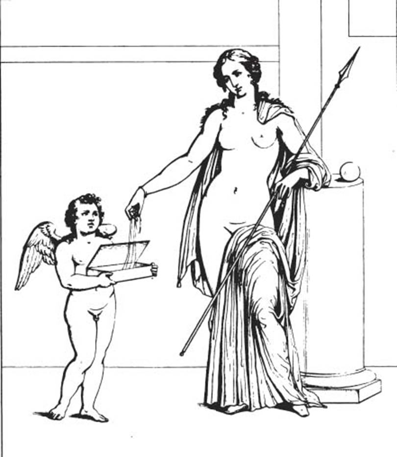 VI.9.2 Pompeii. Peristyle 16, north wall.  Painting of Venus and Eros. According to Overbeck, the first picture from east end was of Venus and Eros. Helbig 303. According to Schefold this picture was on the south wall. See Overbeck J., 1884. Pompeji in seinen Gebäuden, Alterthümen und Kunstwerken. Leipzig: Engelmann. p. 311. See Schefold, K., 1957. Die Wände Pompejis. Berlin: De Gruyter. p. 112. See Helbig, W., 1868. Wandgemälde der vom Vesuv verschütteten Städte Campaniens. Leipzig: Breitkopf und Härtel. (303). See Real Museo Borbonico, VIII, 1832, Tav. VI.