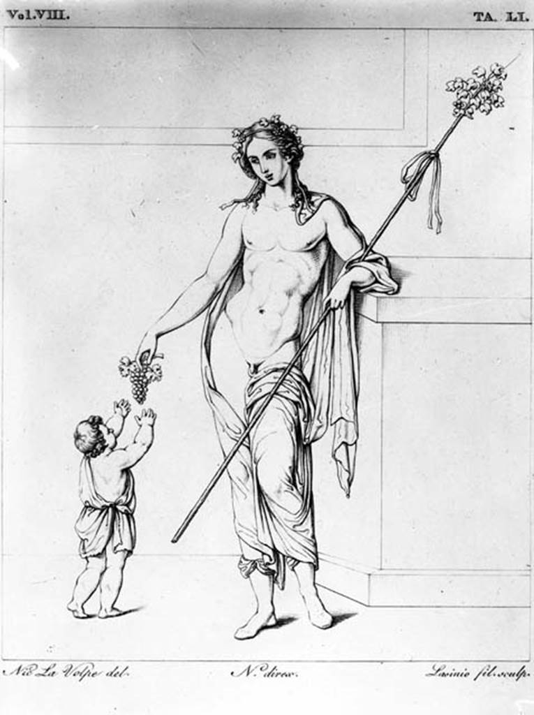 231410 Bestand-D-DAI-ROM-W.142.jpg
VI.9.2 Pompeii. W.142. Peristyle 16, Peristyle 16, north wall, first painting from east end, drawing of Dionysus and youth. See Real Museo Borbonico, VIII, 1832, Tav. LI. 
See Helbig, W., 1868. Wandgemälde der vom Vesuv verschütteten Städte Campaniens. Leipzig: Breitkopf und Härtel. (401).
Photo by Tatiana Warscher. With kind permission of DAI Rome, whose copyright it remains. 
See http://arachne.uni-koeln.de/item/marbilderbestand/231410
