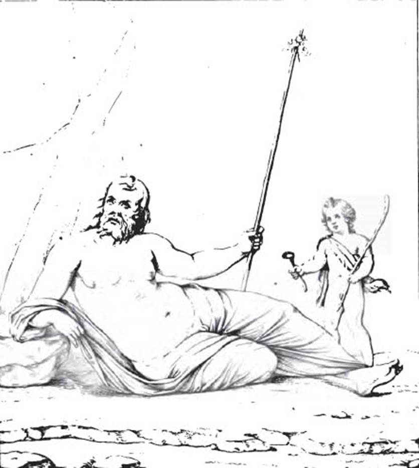 VI.9.2 Pompeii.  Drawing of painting of Silenus and young satyr, the second painting from the east end of the north wall. See Real Museo Borbonico XII, 1839, Tav. XXXV.
See Helbig, W., 1868. Wandgemälde der vom Vesuv verschütteten Städte Campaniens. Leipzig: Breitkopf und Härtel. (419).