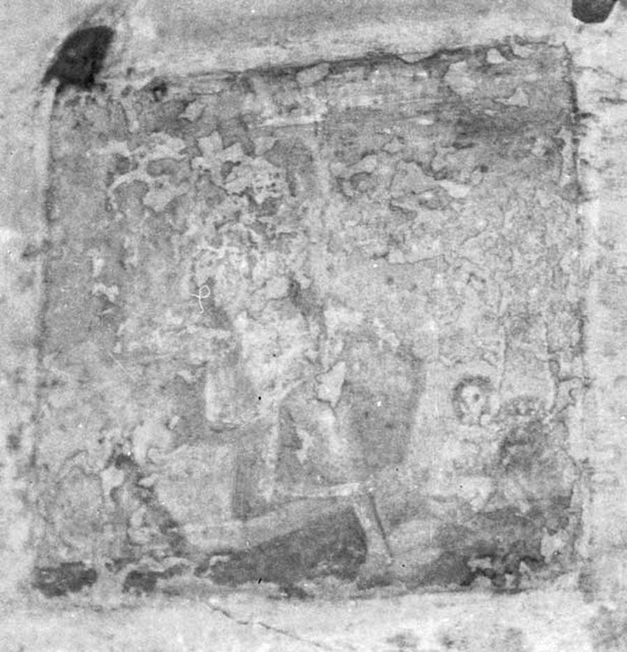 VI.9.2 Pompeii. W.578, detail from north wall of peristyle 16, the fourth picture from east end. 
According to Warscher this was a painting of Apollo.
Schefold showed it as Helbig 205.
Helbig described the painting as:
Apollo sits on a stone seat, against which his bow and quiver lean.
His right arm is propped up, his left arm lays on his thigh.
He is looking thoughtfully ahead.
In front of him a cupid is crouched, playing the god’s cithara.
See Helbig, W., 1868. Wandgemälde der vom Vesuv verschütteten Städte Campaniens. Leipzig: Breitkopf und Härtel. (205).
See Schefold, K., 1957. Die Wände Pompejis. Berlin: De Gruyter. p. 112.
Photo by Tatiana Warscher. Photo © Deutsches Archäologisches Institut, Abteilung Rom, Arkiv.