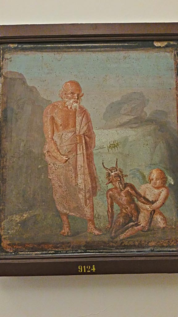 VI.9.2 Pompeii. 
Wall painting of the fight between Pan and Eros in the presence of Silenus.
Now in Naples Archaeological Museum. Inventory number 9124.
Photo courtesy of Giuseppe Ciaramella, November 2018.
