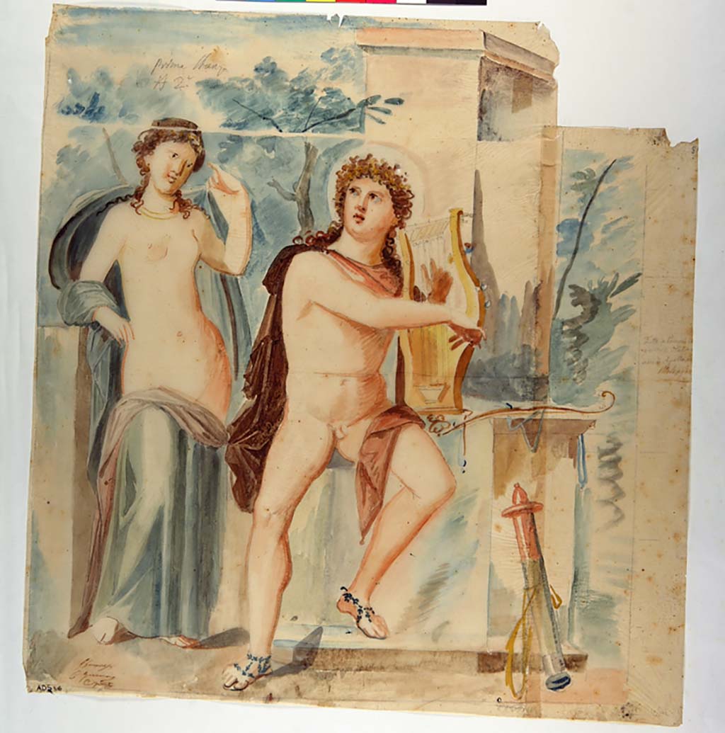 VI.9.2 Pompeii. Painting by Giuseppe Marsigli, 17th October 1831, Apollo and female figure from the peristyle.  
Now in Naples Archaeological Museum. Inventory number ADS 316.
Photo © ICCD. http://www.catalogo.beniculturali.it
Utilizzabili alle condizioni della licenza Attribuzione - Non commerciale - Condividi allo stesso modo 2.5 Italia (CC BY-NC-SA 2.5 IT)